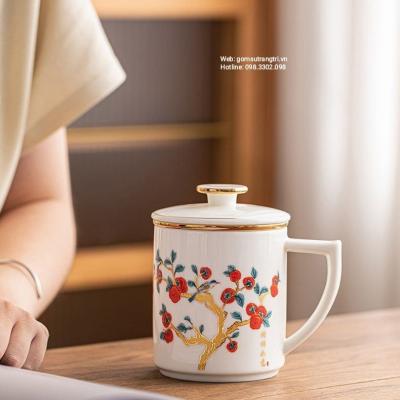 LY SỨ UỐNG TRÀ HỌA TIẾT QUẢ HỒNG